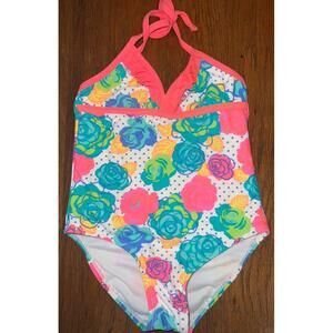 Breaking Waves  Girls Size 5 Neon Flower‎ Dot Print Ruffle Swimsuit
